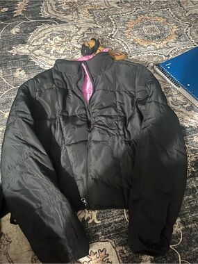 Black Puffer Jacket with Pink Lining - Women's Lightweight Coat